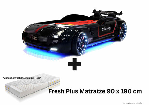 Autobett Kinderbett "Rio Roadster" Schwarz LED Sound Sportsitze Lattenrost Spoiler 90x190 cm