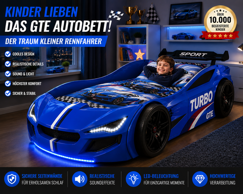 Autobett GTE Kinder 90x200 Jungen LED Leuchten Unterbodenbeleuchtung Sound Fernbedienung