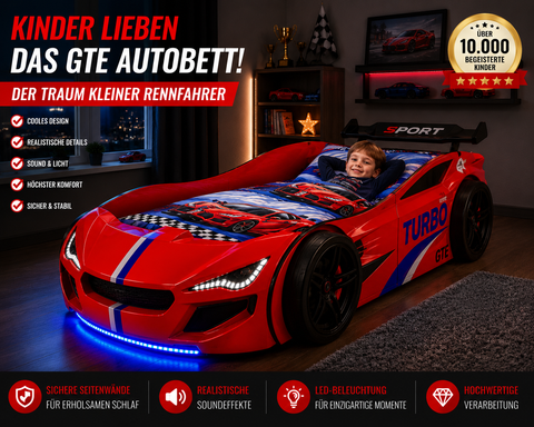 Autobett GTE Kinder 90x200 Jungen LED Leuchten Unterbodenbeleuchtung Sound Fernbedienung