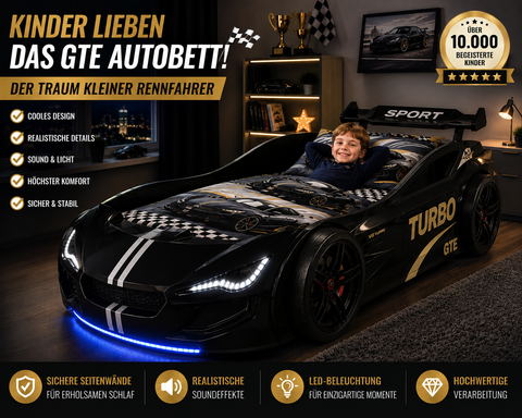 Autobett GTE Kinder 90x200 Jungen LED Leuchten Unterbodenbeleuchtung Sound Fernbedienung