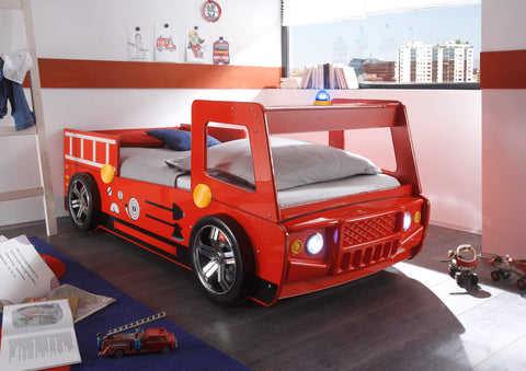 Feuerwehrbett "Fire" Autobett Kinderbett 90x200 Hochglanz mit LED Leuchte