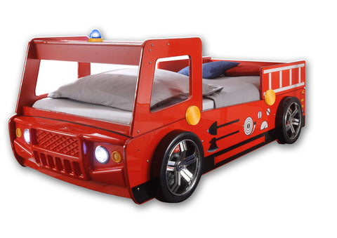 Feuerwehrbett "Fire" Autobett Kinderbett 90x200 Hochglanz mit LED Leuchte