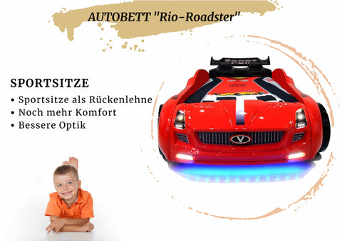Autobett Kinderbett "Rio Roadster" Rot LED Sound Sportsitze Lattenrost Spoiler 90x190 cm