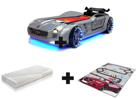 Autobett Kinderbett "Rio Roadster" LED Sound Sportsitze Lattenrost Spoiler 90x190 cm