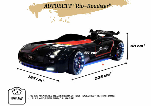 Autobett Kinderbett "Rio Roadster" Schwarz LED Sound Sportsitze Lattenrost Spoiler 90x190 cm