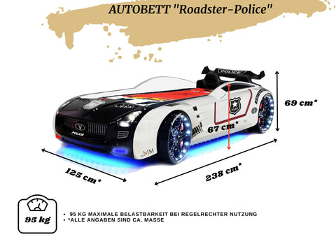 Autobett Kinderbett "Roadster Police" Schwarz Weiß LED Sound Sportsitze Lattenrost Spoiler 90x190 cm