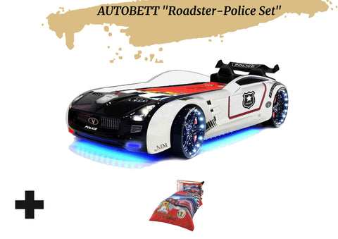Autobett Kinderbett "Roadster Police" Schwarz Weiß LED Sound Sportsitze Lattenrost Spoiler 90x190 cm