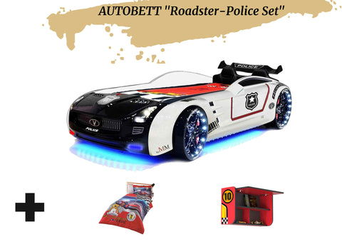 Autobett Kinderbett "Roadster Police" Schwarz Weiß LED Sound Sportsitze Lattenrost Spoiler 90x190 cm
