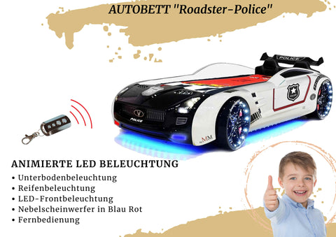 Autobett Kinderbett "Roadster Police" Schwarz Weiß LED Sound Sportsitze Lattenrost Spoiler 90x190 cm