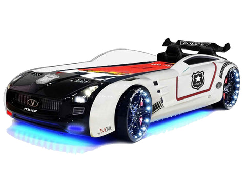 Autobett Kinderbett "Roadster Police" Schwarz Weiß LED Sound Sportsitze Lattenrost Spoiler 90x190 cm
