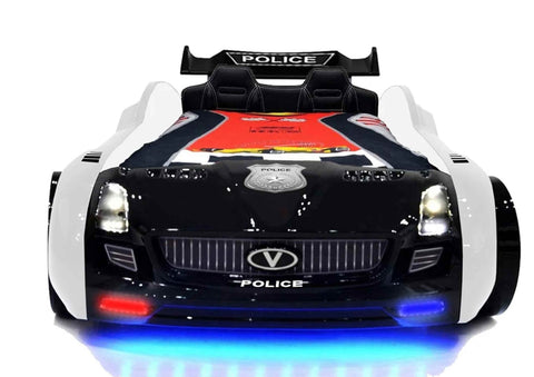Autobett Kinderbett "Roadster Police" Schwarz Weiß LED Sound Sportsitze Lattenrost Spoiler 90x190 cm