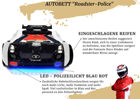 Autobett Kinderbett "Roadster Police" Schwarz Weiß LED Sound Sportsitze Lattenrost Spoiler 90x190 cm