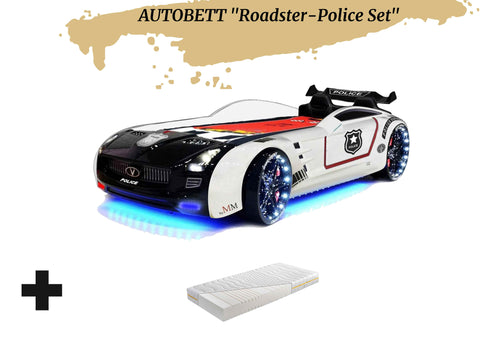 Autobett Kinderbett "Roadster Police" Schwarz Weiß LED Sound Sportsitze Lattenrost Spoiler 90x190 cm