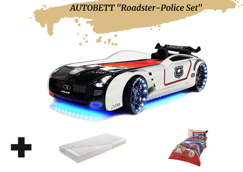 Autobett Kinderbett "Roadster Police" Schwarz Weiß LED Sound Sportsitze Lattenrost Spoiler 90x190 cm