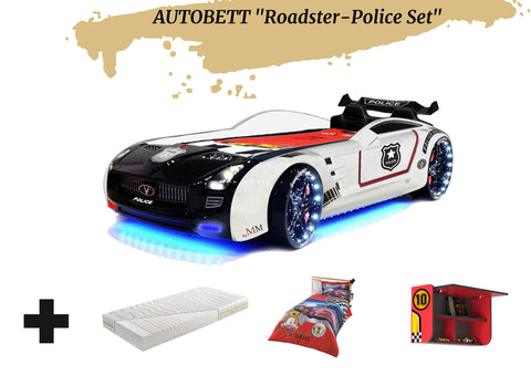 Autobett Kinderbett "Roadster Police" Schwarz Weiß LED Sound Sportsitze Lattenrost Spoiler 90x190 cm