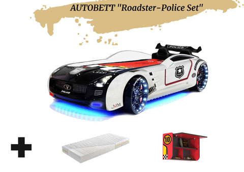Autobett Kinderbett "Roadster Police" Schwarz Weiß LED Sound Sportsitze Lattenrost Spoiler 90x190 cm