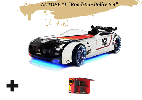 Autobett Kinderbett "Roadster Police" Schwarz Weiß LED Sound Sportsitze Lattenrost Spoiler 90x190 cm