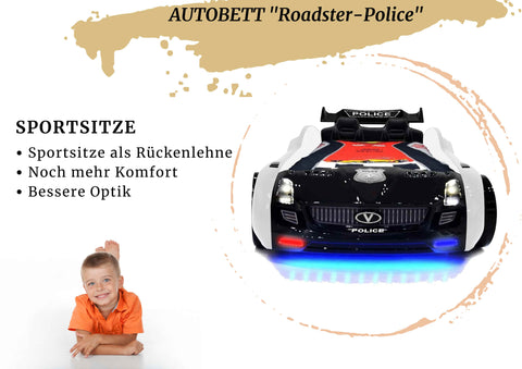Autobett Kinderbett "Roadster Police" Schwarz Weiß LED Sound Sportsitze Lattenrost Spoiler 90x190 cm