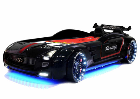 Autobett Kinderbett "Rio Roadster" Schwarz LED Sound Sportsitze Lattenrost Spoiler 90x190 cm