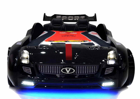 Autobett Kinderbett "Rio Roadster" Schwarz LED Sound Sportsitze Lattenrost Spoiler 90x190 cm
