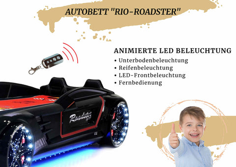 Autobett Kinderbett "Rio Roadster" Schwarz LED Sound Sportsitze Lattenrost Spoiler 90x190 cm