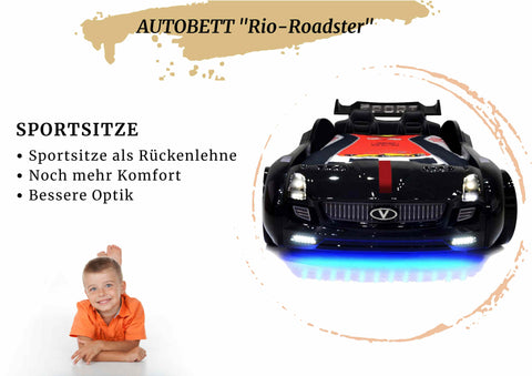 Autobett Kinderbett "Rio Roadster" Schwarz LED Sound Sportsitze Lattenrost Spoiler 90x190 cm
