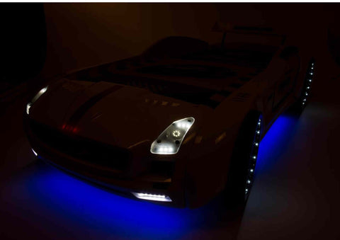 Autobett Kinderbett "Rio Roadster" Schwarz LED Sound Sportsitze Lattenrost Spoiler 90x190 cm