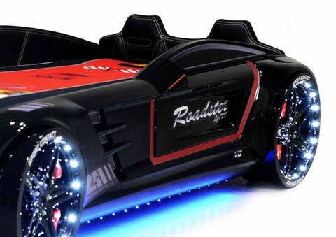 Autobett Kinderbett "Rio Roadster" Schwarz LED Sound Sportsitze Lattenrost Spoiler 90x190 cm