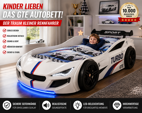 Autobett GTE Kinder 90x200 Jungen LED Leuchten Unterbodenbeleuchtung Sound Fernbedienung