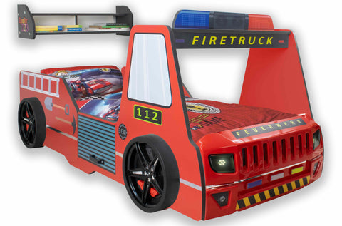 Autobett Kinderbett 90x200 Feuerwehrbett "Rio Firetruck" Hochglanz mit LED Leuchte Rot