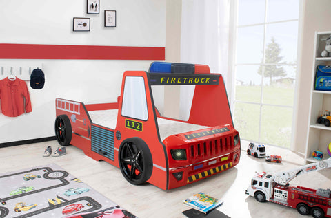 Autobett Kinderbett 90x200 Feuerwehrbett "Rio Firetruck" Hochglanz mit LED Leuchte Rot