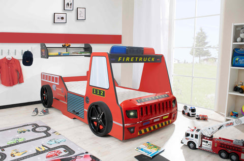 Autobett Kinderbett 90x200 Feuerwehrbett "Rio Firetruck" Hochglanz mit LED Leuchte Rot