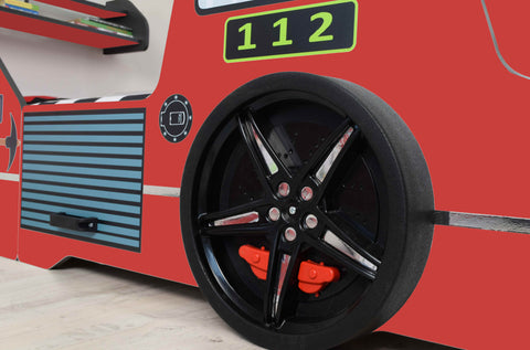 Autobett Kinderbett 90x200 Feuerwehrbett "Rio Firetruck" Hochglanz mit LED Leuchte Rot