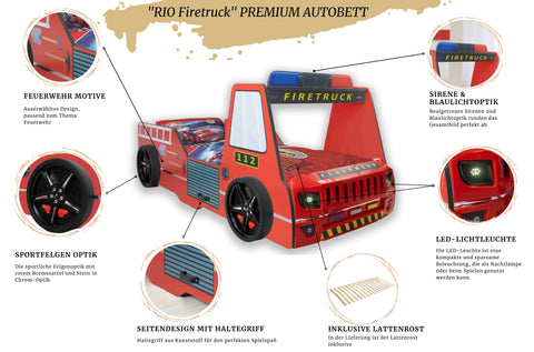 Autobett Kinderbett 90x200 Feuerwehrbett "Rio Firetruck" Hochglanz mit LED Leuchte Rot