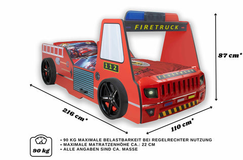 Autobett Kinderbett 90x200 Feuerwehrbett "Rio Firetruck" Hochglanz mit LED Leuchte Rot