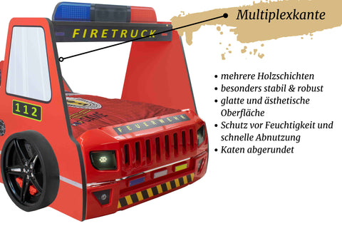 Autobett Kinderbett 90x200 Feuerwehrbett "Rio Firetruck" Hochglanz mit LED Leuchte Rot