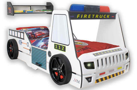 Autobett Kinderbett 90x200 Feuerwehrbett "Rio Firetruck" Hochglanz mit LED Leuchte Weiß
