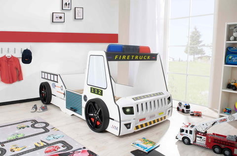 Autobett Kinderbett 90x200 Feuerwehrbett "Rio Firetruck" Hochglanz mit LED Leuchte Weiß