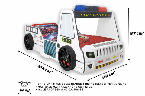 Autobett Kinderbett 90x200 Feuerwehrbett "Rio Firetruck" Hochglanz mit LED Leuchte Weiß