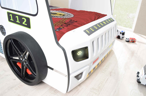 Autobett Kinderbett 90x200 Feuerwehrbett "Rio Firetruck" Hochglanz mit LED Leuchte Weiß