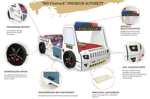 Autobett Kinderbett 90x200 Feuerwehrbett "Rio Firetruck" Hochglanz mit LED Leuchte Weiß