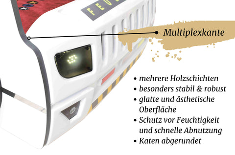 Autobett Kinderbett 90x200 Feuerwehrbett "Rio Firetruck" Hochglanz mit LED Leuchte Weiß