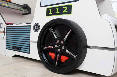 Autobett Kinderbett 90x200 Feuerwehrbett "Rio Firetruck" Hochglanz mit LED Leuchte Weiß