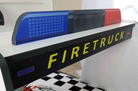 Autobett Kinderbett 90x200 Feuerwehrbett "Rio Firetruck" Hochglanz mit LED Leuchte Weiß