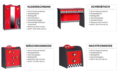 Kinderzimmer komplett Set mit Autobett Rio 5 teilig Rot