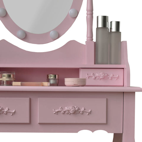 Schminktisch Rosa RUSTIKA mit Spiegel Hocker LED Beleuchtung Schubladen