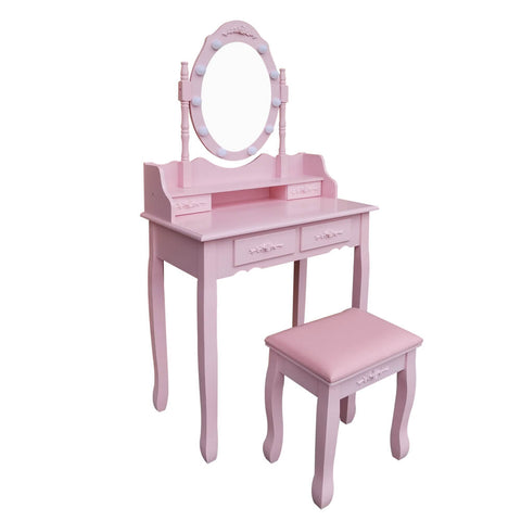 Schminktisch Rosa RUSTIKA mit Spiegel Hocker LED Beleuchtung Schubladen