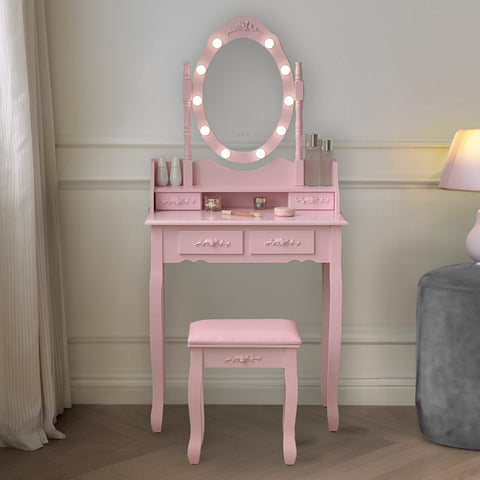 Schminktisch Rosa RUSTIKA mit Spiegel Hocker LED Beleuchtung Schubladen