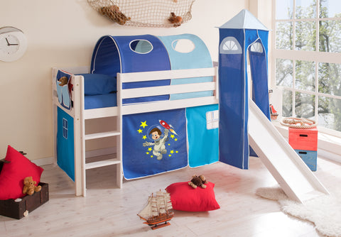 Hochbett mit Rutsche und Turm Spielbett Kasper Kiefer massiv Weiss