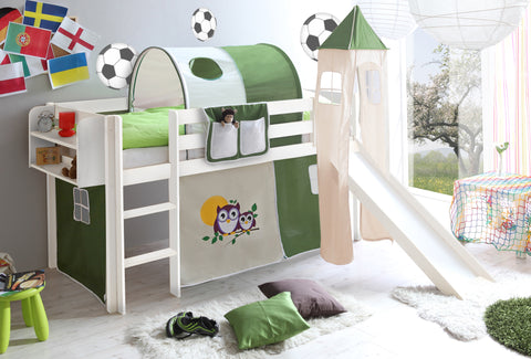 Hochbett mit Rutsche und Turm Spielbett Kasper Kiefer massiv Weiss